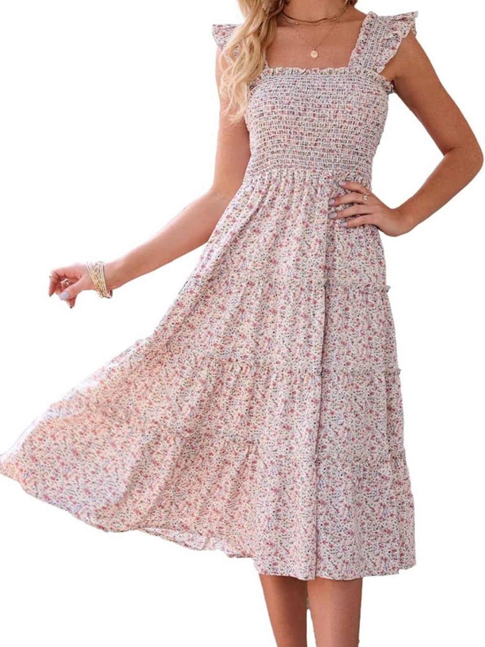 Floral Pink Smocked Sundress with Ruffle Straps